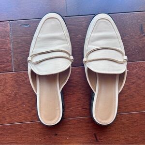 Shu Shop Tan/ Beige Mule Loafers with Gold Chain Detail — Size 7.5